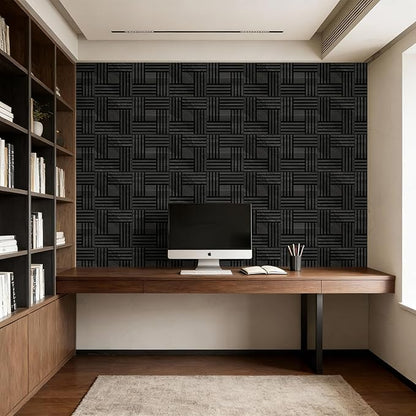 WoveN SounD Artisan Acoustic Wall Panels, 16 Pack 12x12 Inch, Wood Veneer Carved Sound Proof Wall Decor, Self-Adhesive for Home, Studio, Office & Focus Zones, Metre, Black Oak