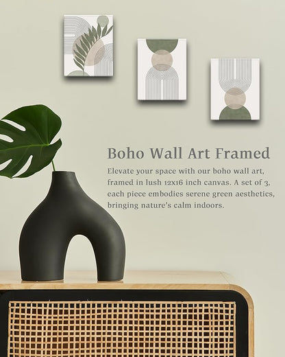 30x40CM Sage Green Boho Wall Art,Framed Canvas Bathroom Wall Art Pictures, Mid-Century Modern Wood Framed Abstract Prints for Bedroom,Minimalist Office Wall Decor 3Pack