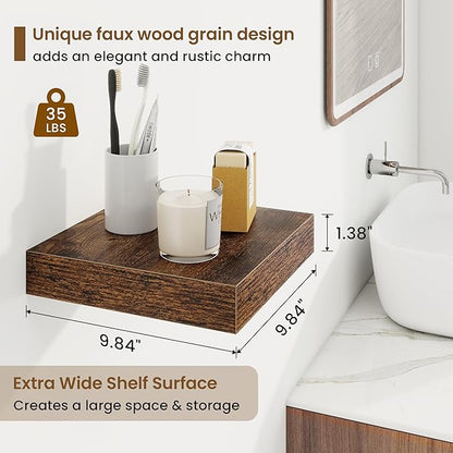 Square Floating Shelves for Wall, 10"W x 10"D x 1.25"H, 3 Packs Small Wall Mounted Engineered Wood Shelves with Invisible Brackets for Living Room, Bedroom, Bathroom, Kitchen Decor, Rustic Brown