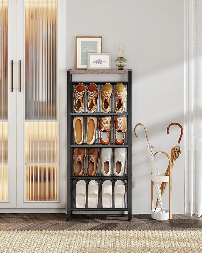Shoe Rack, 5-Tier Slanted Shoe Rack, Narrow Shoe Storage Shelf, Slim Shoe Organizer for Entryway, Space-Saving, Wooden Top and Metal Frame, for Entryway, Hallway, Greige and Black TXJ03BG