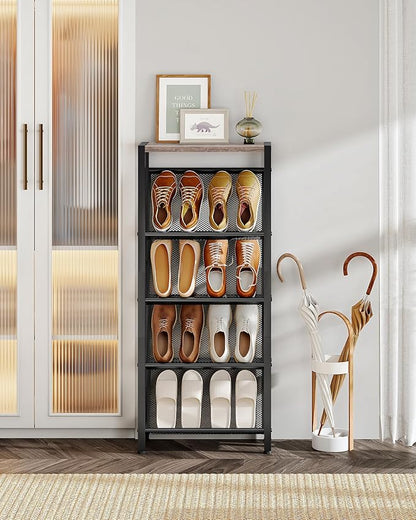 Shoe Rack, 5-Tier Slanted Shoe Rack, Narrow Shoe Storage Shelf, Slim Shoe Organizer for Entryway, Space-Saving, Wooden Top and Metal Frame, for Entryway, Hallway, Greige and Black TXJ03BG
