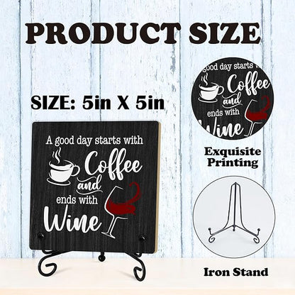 Coffee And Wine Desk Decor Sign, Rustic Wooden Sign With Stand, A Good Day Starts With Coffee And Ends With Wine Sign For Farmhouse Home Kitchen Bar Shelf Table, Gifts For Family Friend Coworker-04