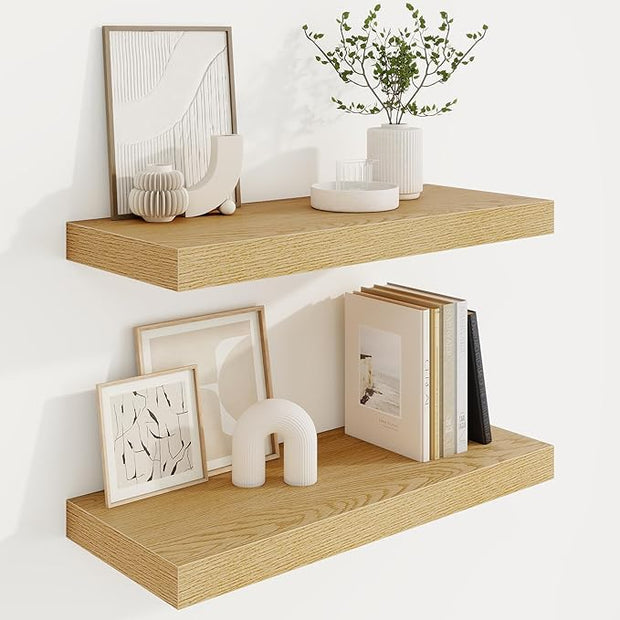 24in Floating Shelves for Wall, 24"W x 9.25"D x 1.25"H, 2 Pack Long Wall Mounted Engineered Wood Shelves with Invisible Brackets for Living Room, Bedroom, Bathroom, Kitchen Decor and Storage, Oak