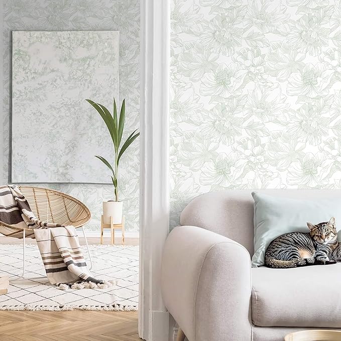 Ismoon Large Floral Peel and Stick Wallpaper Boho White and Green Contact Paper 17.3inx6.5ft Modern Wall Paper Removable Self Adhesive Vinyl Wallpaper for Bedroom Cabinet Bathroom Mural Wall Decor