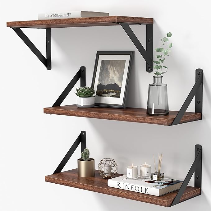 Heimlove Floating Shelves for Wall, 16 Inch Long Wood Floating Shelves Set of 3, Wall Mounted Hanging Shelf for Bathroom Bedroom Kitchen, Walnut