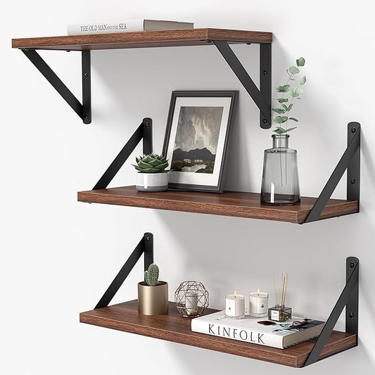 Heimlove Floating Shelves for Wall, 16 Inch Long Wood Floating Shelves Set of 3, Wall Mounted Hanging Shelf for Bathroom Bedroom Kitchen, Walnut