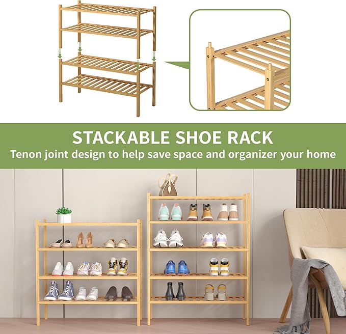 4 Tier Bamboo Shoe Rack for Closet Free Standing Wood Shoe Shelf for Entryway Small Space Stackable 27