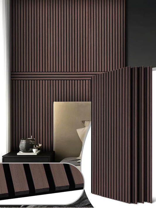 Mollywell Wood Panels for Wall, Time-Saving Installation, Versatile Wood Slat Wall Decor, Enhanced Acoustic & Sound Proof Fluted Design for Home & Office, 4 Pcs Dark Walnut, 47.2x23.6 Inch