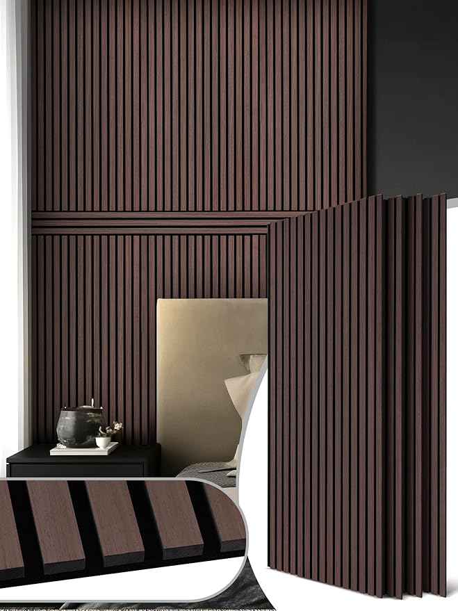 Mollywell Wood Panels for Wall, Time-Saving Installation, Versatile Wood Slat Wall Decor, Enhanced Acoustic & Sound Proof Fluted Design for Home & Office, 4 Pcs Dark Walnut, 47.2x23.6 Inch