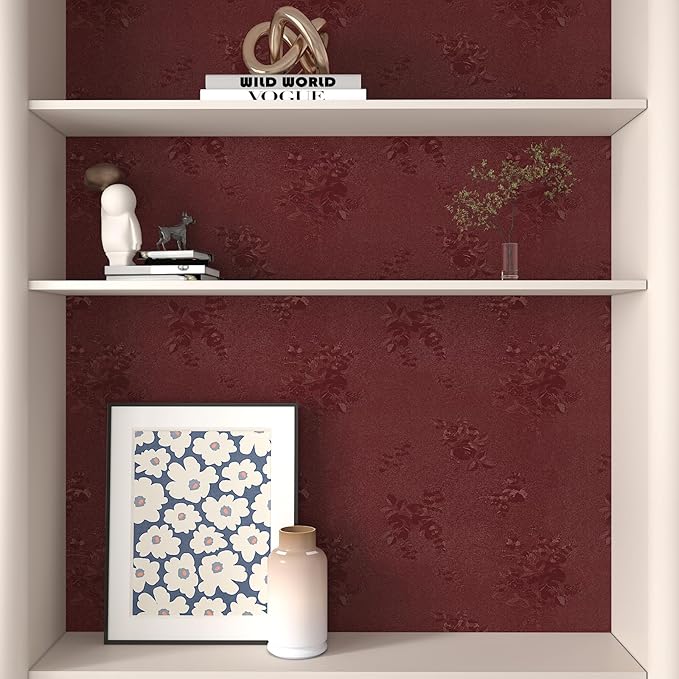CHIHUT Thicken Embossed Floral Wallpaper Stick and Peel 12”x472” Dark Red Flower Contact Paper Self Adhesive Textured Floral Wall Paper for Bedroom Decorative Vinyl Roll for Cabinets Countertops