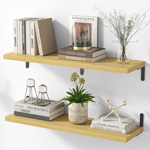 Marsmiles Extra Wide Floating Shelves for Wall, 32x8 Inch Natural Wood Grain Bookshelves, Heavy Duty Mounted Shelving for Bathroom, Kitchen, Living Room, Bedroom,Set of 2，Oak