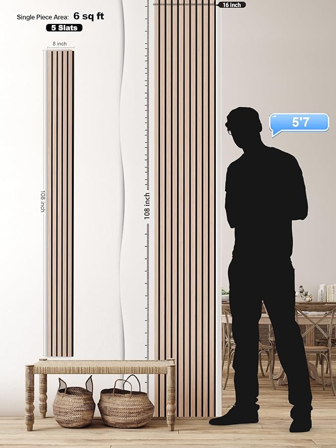 Mollywell Wood Slat Wall Panels - Time-Saving Installation Soundproof Slat Panels on Any Wall Surface, 0.95 NRC Dual-Layer Acoustic Design, Commercial-Grade MDF Core (2 Pack, 108x8in, White Oak)