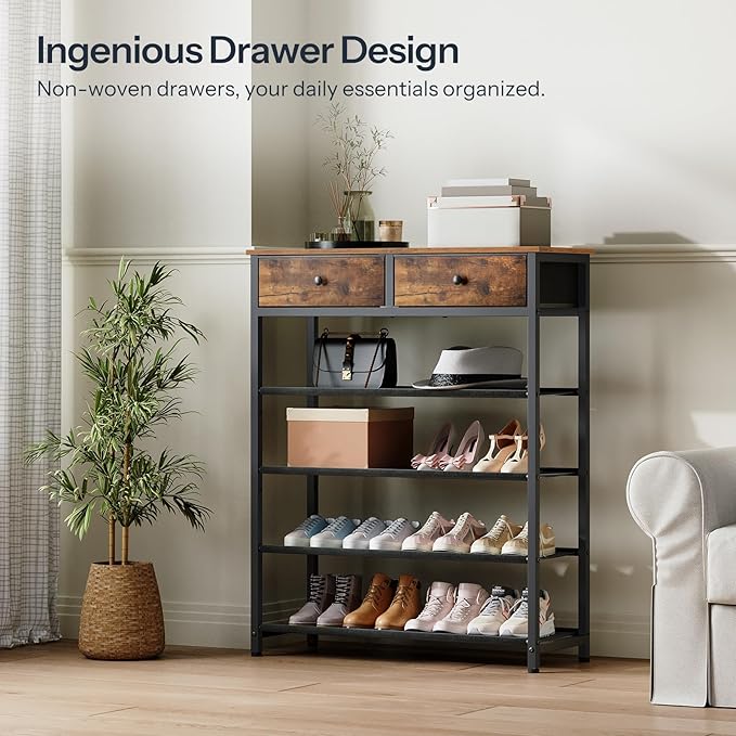 HOOBRO Shoe Rack, 5 Tier Shoe Storage Organizer with 2 Non-Woven Drawers, 12-16 Pairs of Shoes for Entryway, Shoe Shelf with 4 Oxford Fabric Shelves and Wooden Top, Closet, Rustic Brown BF78XJ01