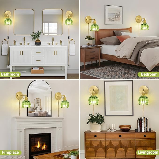 Plug in Wall Sconces Set of 2, Plug in Wall Lamp, Vintage Wall Light with Green Tulip Glass Lampshade, 3-Way Dimmable with Dual Switches, No Wiring Needed for Bedroom Wall Decor and Hallway