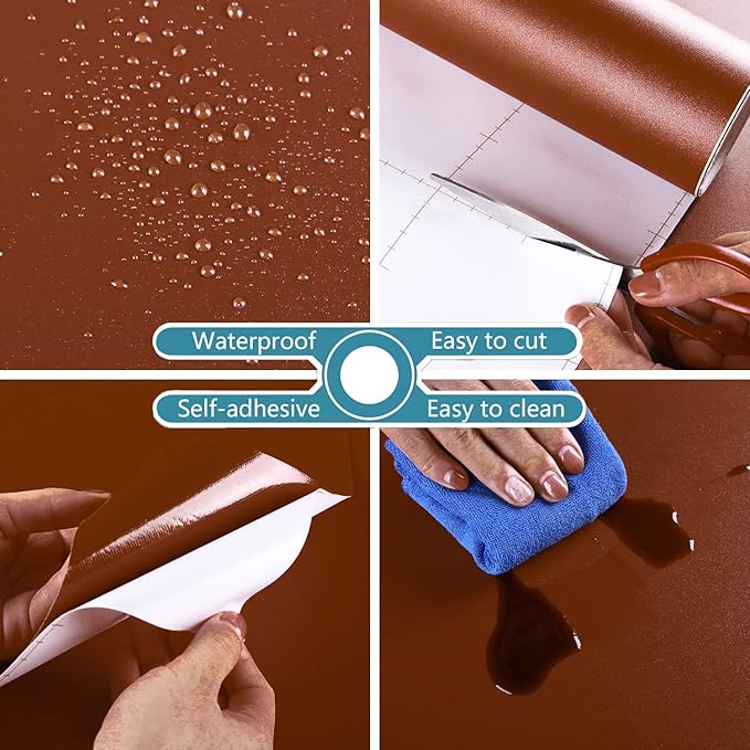 VEELIKE 15.7''x118'' Matte Caramel Brown Contact Paper for Cabinets Walls Self Adhesive Thick Brown Wallpaper Peel and Stick Removable Wall Paper Roll for Bathroom Living Room Countertops Table Shelf