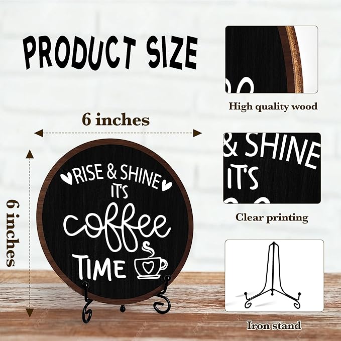 Coffee Desk Decor Sign, Farmhouse Wood Plaque, It Is Coffee Time Wood Sign, Cafe Lover Gifts, Decor For Home Kitchen Tabletop, Wooden Round Decorations With Stand-03