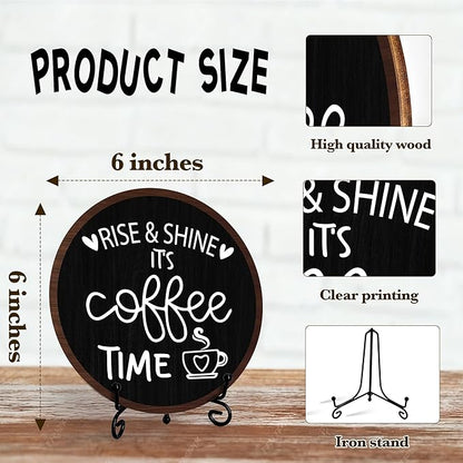 Coffee Desk Decor Sign, Farmhouse Wood Plaque, It Is Coffee Time Wood Sign, Cafe Lover Gifts, Decor For Home Kitchen Tabletop, Wooden Round Decorations With Stand-03
