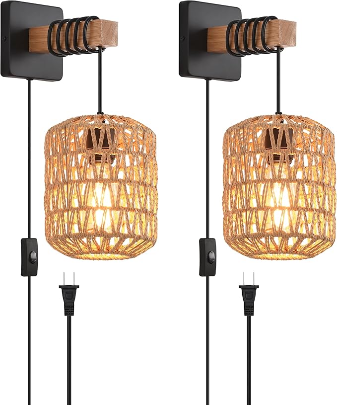 Rustic Wall Sconces Fixtures with Plug in Cord, Set of Two Indoor Vintage Rattan Wall Light Industrial Lamp Fixture Farmhouse Metal Sconces Light for Bedroom Bedside Living Room