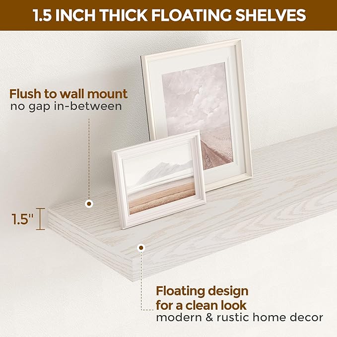 36 Inch Long Floating Shelves for Wall, 9.3 Inch Deep Floating Shelf with Heavy-Duty Bracket, 2 Pack Long Shelves for Bathroom, Living Room, Bedroom, Wall Mounted Storage Shelf for Books Decor, Brich