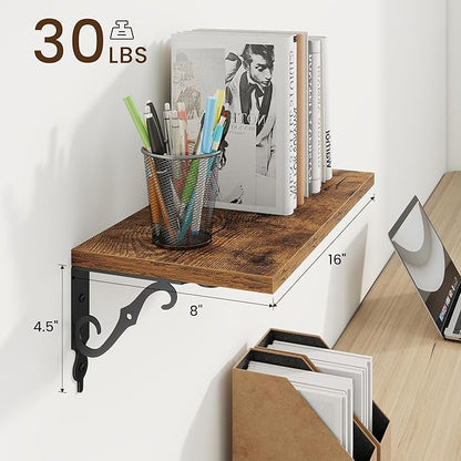 RICHFOCUS Floating Shelves for Wall Decor, 8 Inch Deep Floating Shelves Set of 2, 16W x 8D Shelves Wall Mounted with Metal Brackets, Wood Shelves for Living Room Bedroom Kitchen, Rustic Brown