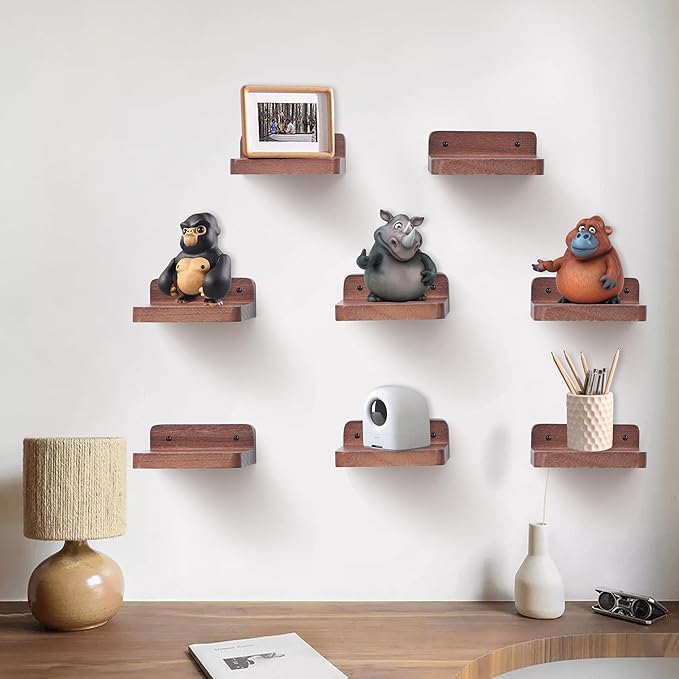 Small Floating Shelf, 4x4 Inch Display Ledges for Wall,Mini Shelves,Rustic Wood Shelf for Bedroom Living Room Bathroom Kitchen (8, Light Walnut)