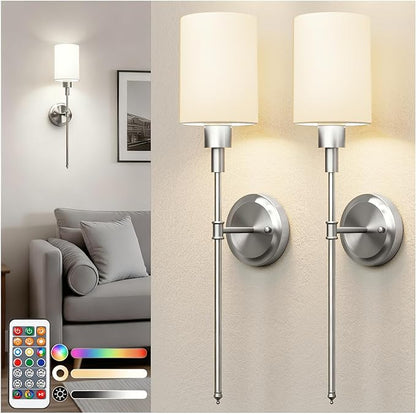 DORESshop Battery Operated Wall Sconce Set of 2, Wireless Wall Light Easy to Install, 7 Color Rechargeable Wall Sconces, Sconce Wall Decor Set of 2 for Bedroom, Living Room, Nickel, 24.3in