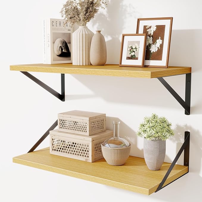 Deep Floating Shelves,24" Wx10 D Floating Shelf for Wall Set of 2,Hanging Storage Shelf with Metal Brackets,Wide Display Wall Shelves for Living Room,Bedroom,Bathroom,Kitchen,Oak