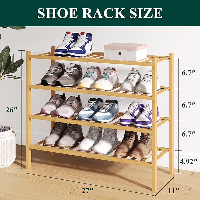 Smiry Bamboo Shoe Rack for Closet, 4 Tier Wooden Stackable Shoe Organizer, Free Standing Shoes Storage Shelf for Entryway, Front Door Entrance, Natural