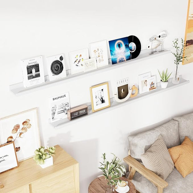 Floating Shelves for Wall, 72 inch Solid Wood Picture Ledge Shelf for Wall Storage, Nursery Book Shelves with Lip for Living Room Bathroom Bedroom Kitchen, Set of 2, Washed White