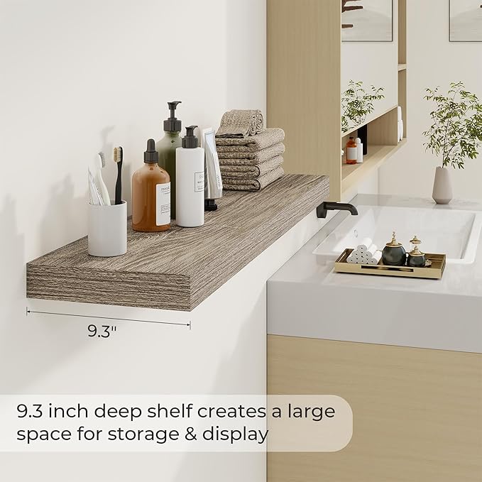 Dreamland 40 Inches Floating Shelves for Wall,9.3 Inch Deep Floating Shelves Set of 2, Large Display & Storage Shelf, Wall Shelf for Bathroom Bedroom Living Room Kitchen Office,Grey