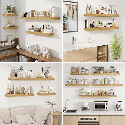 fuqing Floating Shelves for Wall, Wall Mounted Wood Floating Shelf with Invisible Brackets for Living Room, Bathroom, Bedroom, Kitchen Storage and Decor,6.5 Inch Set of 3, Oak