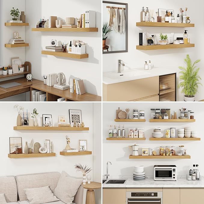 fuqing Floating Shelves for Wall, Wall Mounted Wood Floating Shelf with Invisible Brackets for Living Room, Bathroom, Bedroom, Kitchen Storage and Decor, 55 Inch Set of 2, Oak