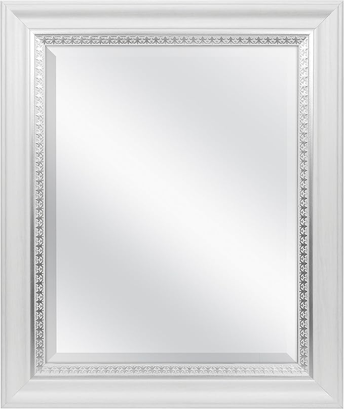 MCS 16x20 Large Wall Mirror, White Woodgrained Frame with Silver Embossed Detail & Beveled Detail Mirror, Vertical & Horizontal Wall Hanging Mirror for Bathroom, Bedroom & Livingroom