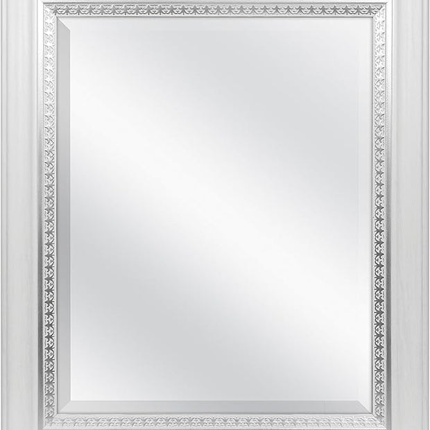 MCS 16x20 Large Wall Mirror, White Woodgrained Frame with Silver Embossed Detail & Beveled Detail Mirror, Vertical & Horizontal Wall Hanging Mirror for Bathroom, Bedroom & Livingroom