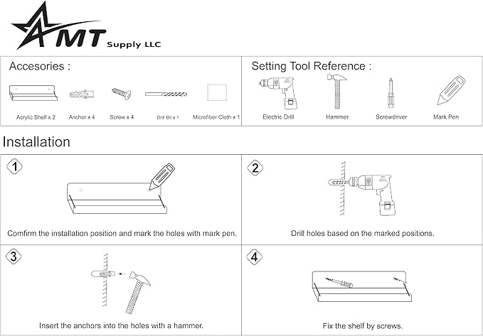 AMT 2 Pack Acrylic Bathroom Shelves 15 Inch Clear Floating Wall Mounted Storage Bookshelf, Invisible Display for Office, Bedroom, Small Gap for Water to Escape, Free Screws & Drill Bit (Medium)