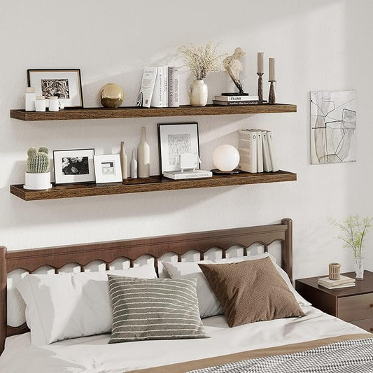 Fun Memories 12 Inch Deep Floating Shelves, 67 Inch Long Extra Large Floating Shelves Set of 2, Wood Wall Shelves for Living Room, Kitchen, Bedroom, Farmhouse, Laundry Room, Home Office - Rustic Brown