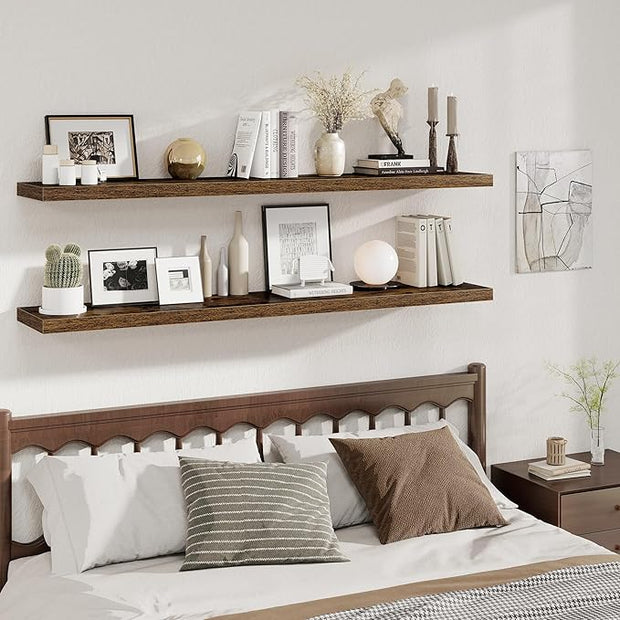 Fun Memories 12 Inch Deep Floating Shelves, 67 Inch Long Extra Large Floating Shelves Set of 2, Wood Wall Shelves for Living Room, Kitchen, Bedroom, Farmhouse, Laundry Room, Home Office - Rustic Brown