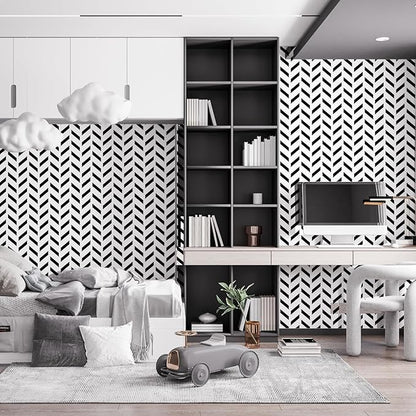 Black and White Peel and Stick Wallpaper Striped Wallpaper Herringbone Contact Paper Self Adhesive Waterproof Vinyl Roll for Bathroom Kitchen Backsplash Cabinets A Set of 17.3"x1200"