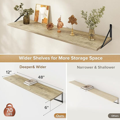 Deep Floating Shelves Wall Mounted, 48"x12" Gray Wall Shelves with Brackets Set of 2 for Bedroom, Living Room, Bathroom, Kitchen, Office - Storage & Display Shelf for Decor, Books, Plants
