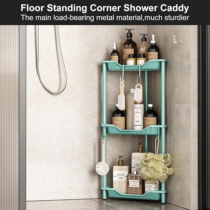 Orimade Rustproof 3 Tier Floor Standing Corner Shower Caddy Organizer, Plastic Metal Splicing Floor Corner Shelf Rack Stands for Bathroom, Blue