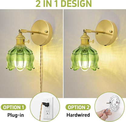 Plug in Wall Sconces Set of 2, Plug in Wall Lamp, Vintage Wall Light with Green Tulip Glass Lampshade, 3-Way Dimmable with Dual Switches, No Wiring Needed for Bedroom Wall Decor and Hallway