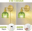 Plug in Wall Sconces Set of 2, Plug in Wall Lamp, Vintage Wall Light with Green Tulip Glass Lampshade, 3-Way Dimmable with Dual Switches, No Wiring Needed for Bedroom Wall Decor and Hallway