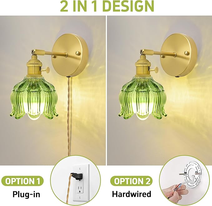Plug in Wall Sconces,Plug in Wall Lamp, Vintage Wall Light with Green Tulip Glass Lampshade, 3-Way Dimmable with Dual Switches, No Wiring Needed for Bedroom Wall Decor and Hallway