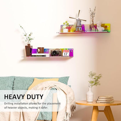 16 Inches Iridescent Acrylic Shelves, Wall Mounted Organizer Shelves for Bedroom, Clear Wall Storage Shelves for Cosmetics, Skincare, Router, Doll, Toiletries, Helmets, 2 Pack