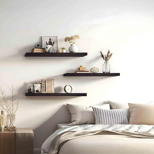 24 Inch Brown Wood Floating Shelves for Wall Rustic Wall Shelf for Bedroom Living Room Set of 4
