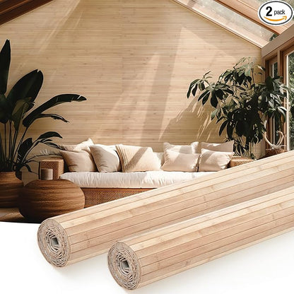 Juexica 2 Pcs Natural Bamboo Wall Panel for Interior Wall 48''x96'' Bamboo Covering Renewable Pole Wainscoting Room Divider Wrap Decor for Bedroom Living Room Kitchen Island Office (Light Carbonized)