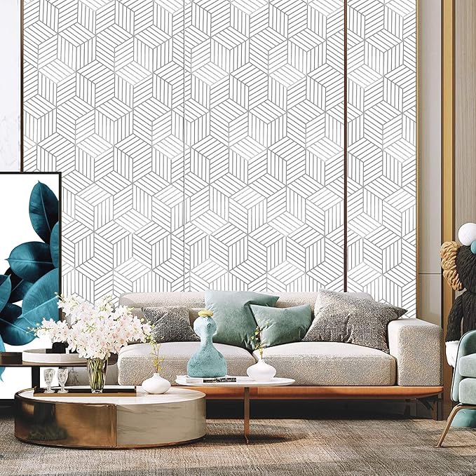 WENMER Geometric Hexagon Wallpaper Contact Paper 17.7 Inch x 394 Inch Geometric Hexagon Silver Peel and Stick Wallpaper Removable Vinyl Film for Home Drawer Shelf Use