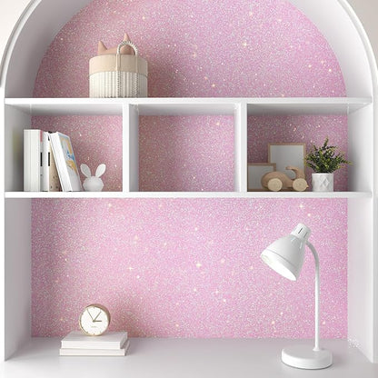 CHIHUT 15.7''x100'' Pastel Pink Holographic Glitter Peel and Stick Wallpaper Decorative Self Adhesive Removable Sparkly Contact Paper for Cabinets Walls Renter Friendly Textured Wallpaper Fabric Roll