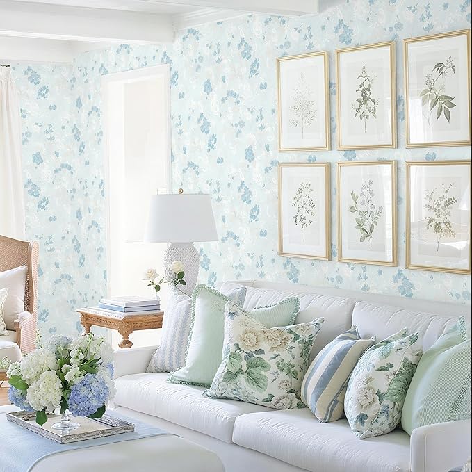 Dimoon 78.7"x17.3" Blue Wallpaper Floral Contact Paper Peel and Stick Wallpaper White Vintage French Country Renter Friendly Bathroom Boho Flower Removable Wall Paper Kitchen Self Adhesive Vinyl