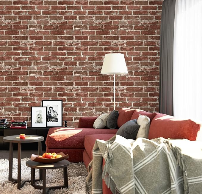 Hopeak Red Brick Wallpaper Self-Adhesive Peel and Stick Wallpaper Waterproof and Removable Good for Home Decoration and Furniture Renovation 35.4 x 196 Inch